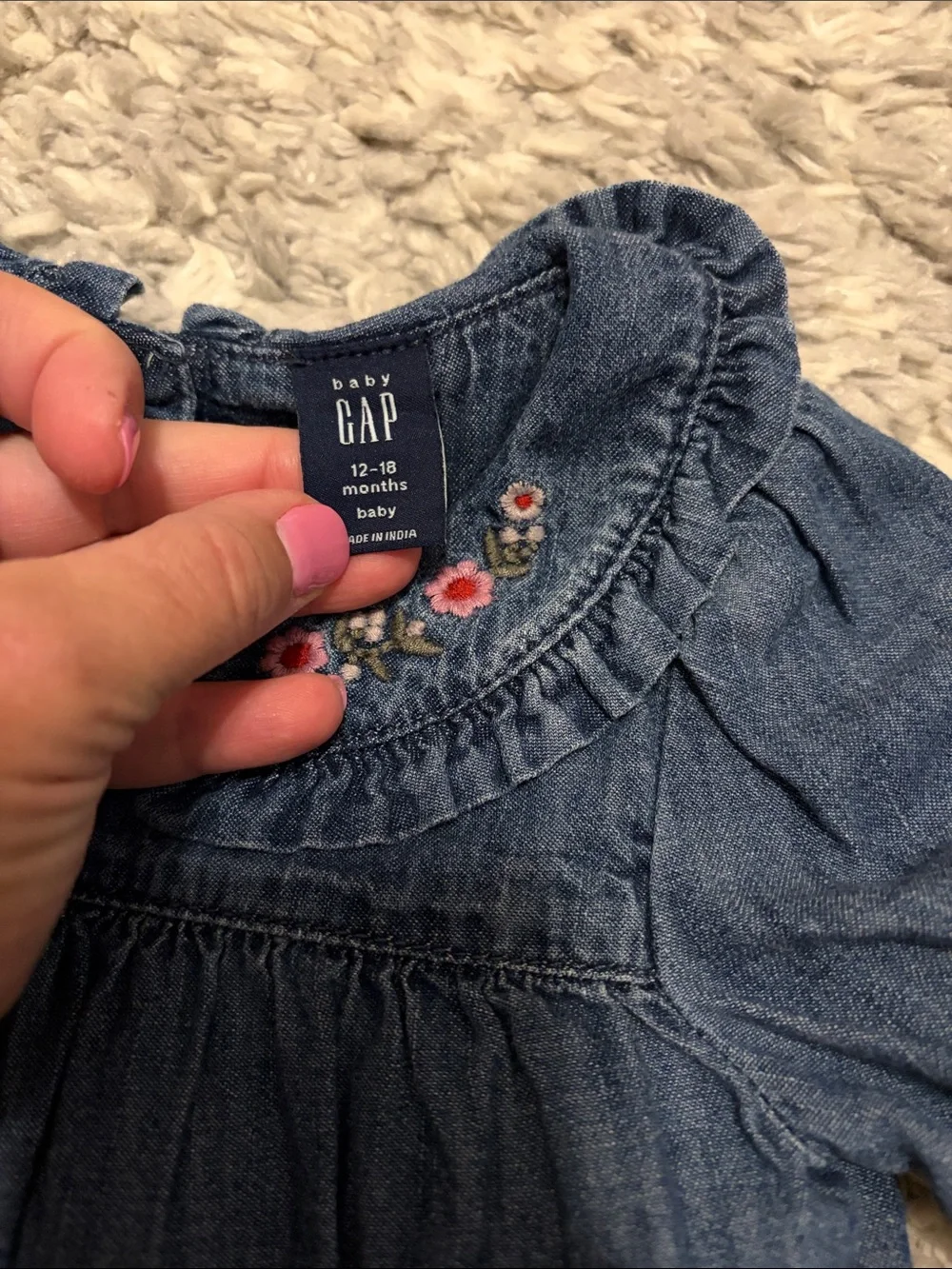 GAP Denim-Style Baby Romper with Pink Floral Embroidery